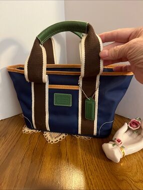 Coach Navy Tote with Brown Straps, Green Accents and Cream Piping